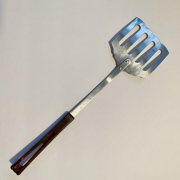 Vintage! 13" Stainless Curved Slotted Spatula Turner Red Maroon Bakelite Handle - Picture 9 of 13